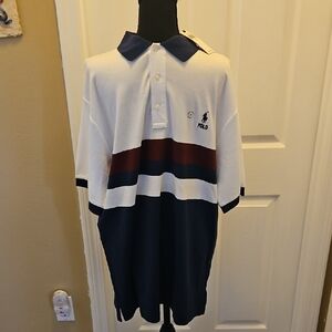 Polo by Ralph Lauren Men's White, Navy, and Red Polo Shirt